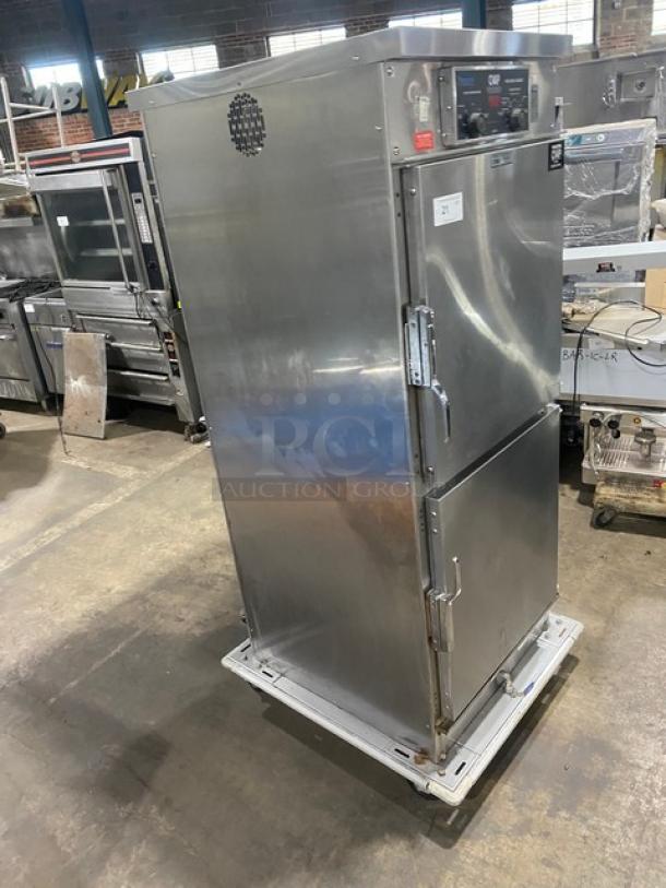 Winston Industries Cvap-4000A single section stainless steel heated holding cabinet, model HA4522GE, with pass-through doors and built-in pan slides, on casters.
