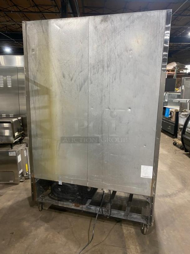 Atosa B-Series stainless steel 2-door refrigerator, model MBF8507, on casters. Features poly-coated wire racks.