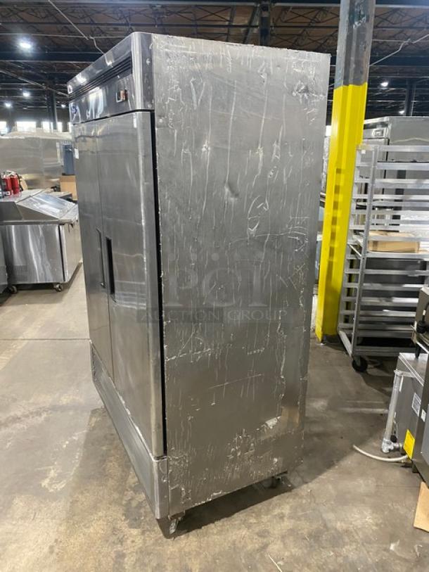 Atosa B-Series stainless steel 2-door reach-in refrigerator, Model MBF8507, on casters, with poly-coated wire racks.