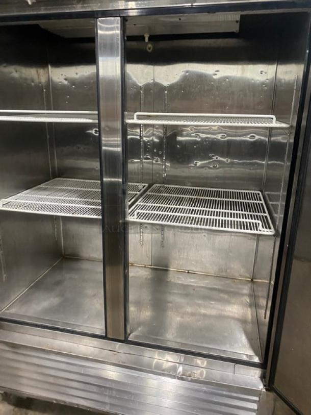 Atosa B-Series stainless steel 2-door reach-in refrigerator, model MBF8507, with poly-coated wire racks, on casters.