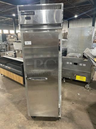 Continental Model 1RN stainless steel single door reach-in refrigerator with built-in pan slides, on casters, 115V 1 Phase.