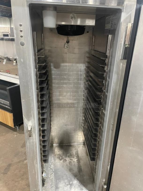 Continental 1RN stainless steel single door reach-in refrigerator with built-in pan slides, on casters, model 1RN.