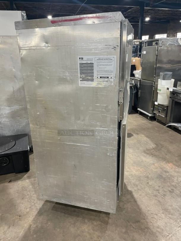 Metro Flavor Hold Series C199H1N insulated mobile heated holding/proofing cabinet with wide pan slides, visible label, on casters, 120V.