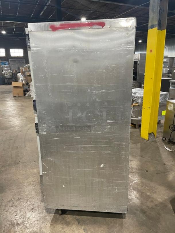 Metro Flavor Hold Series heated cabinet, model C199H1N, single section, mobile on casters, visible wear.