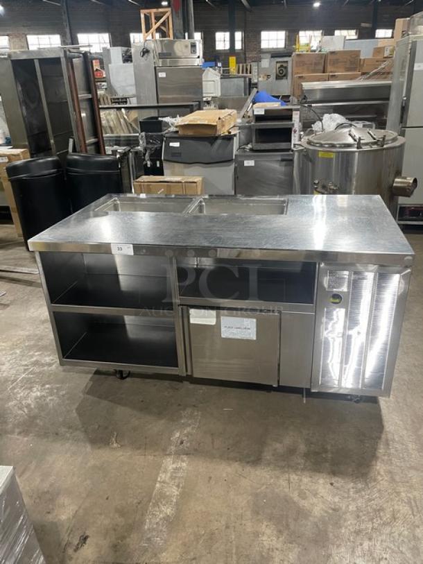 Delfield stainless steel prep table, model 18SC39P-EF, with triple storage, single door, on casters, 115V, used condition.