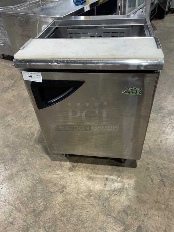 Turbo Air TST-28SD stainless steel refrigerated prep table with cutting board, on casters. Model: TST-28SD, 115V.