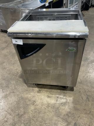 Turbo Air TST-28SD stainless steel refrigerated prep table with cutting board, on casters. Model: TST-28SD, 115V.