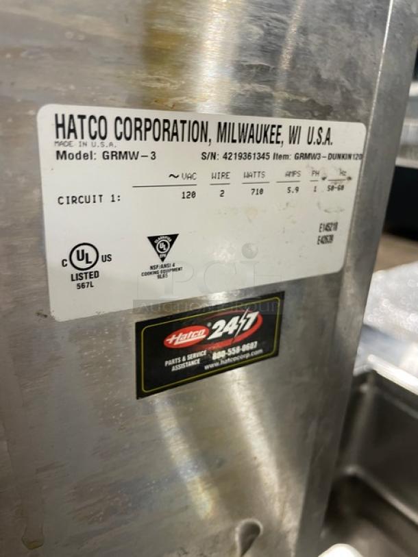 Hatco Glo-Ray GRMW-3 stainless steel countertop food warmer, 120V, serial 4219361345, in used condition with labels.