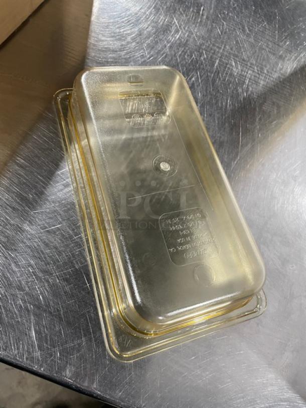 Brand new Cambro amber 1/3-size high-temp food pan, model 32HP150. 2" depth, commercial-grade, with identification markings.