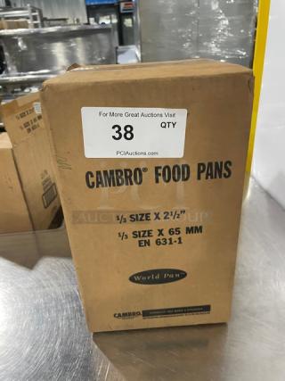 Cambro Commercial Amber High-Temp 1/3-Size 2.5" Deep Food Pan, Model 32HP150, brand new in box, durable and heat-resistant.