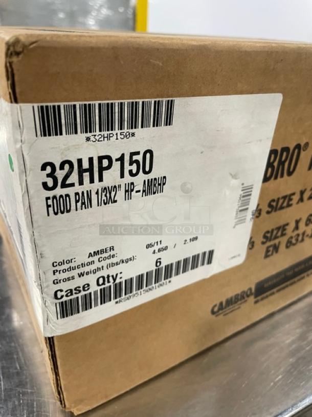 New Cambro 32HP150 amber high-temperature 1/3-size 2.5" deep food pan in original packaging. Box shows color, weight, and case quantity.
