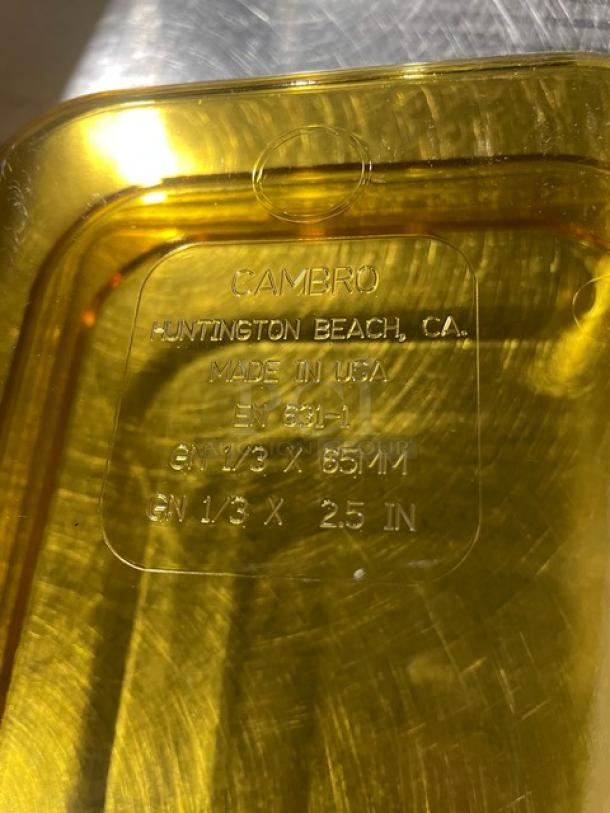 Brand new Cambro amber 1/3-size food pan, model 32HP150, 2.5" deep, made in USA, commercial grade, high-temperature.