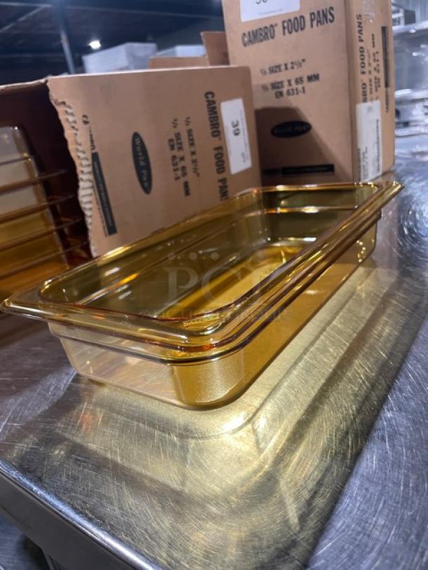 Brand new Cambro amber food pan, model 32HP150, commercial-grade, 1/3-size, 2.5" deep, high-temperature resistant.
