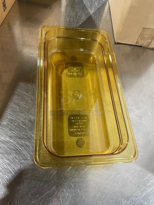 Brand new Cambro amber high-temp 1/3-size 2.5" deep food pan, model 32HP150. Clear labeling. Mint condition.
