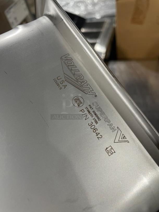 NEW Vollrath Super Pan V Series stainless steel pan, model 30642, in excellent condition. NSF certified markings visible.