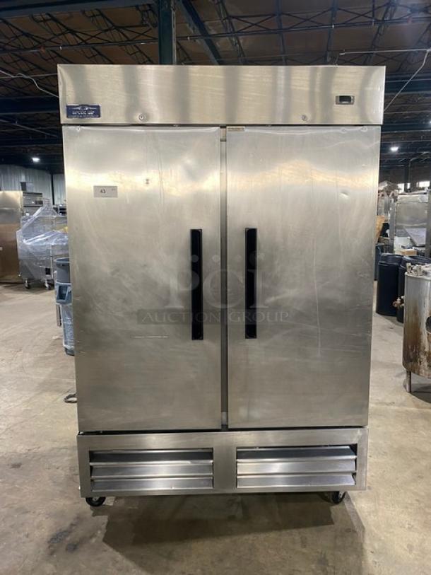 Arctic Air AR49EZ stainless steel 2-door reach-in refrigerator with poly-coated wire racks, on casters, Model: AR49EZ SN: H22116788.