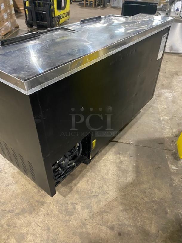 Maxx Cold X-Series commercial bottle cooler, black powder-coated, stainless steel top, double sliding lids, model MXCR65B.