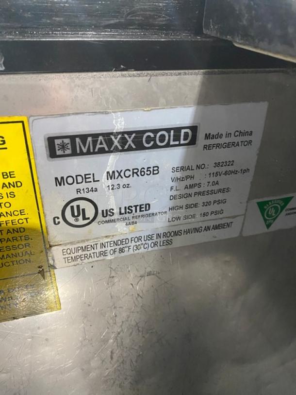Maxx Cold X-Series Model MXCR65B bottle cooler label; 115V, 1 Phase, SN: 382322; UL listed; commercial use.