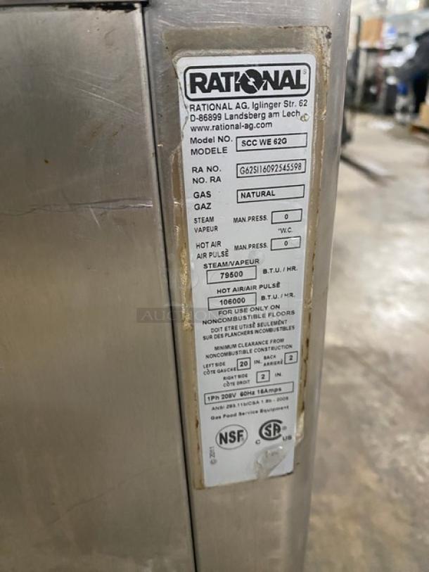 Rational SCCWE62G commercial combi oven, stainless steel, natural gas, 6-pan, wired racks, Energy Star certified, visible label.