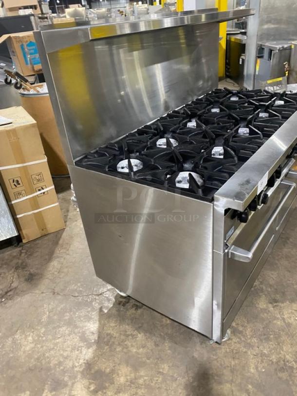 Garland SunFire Series Commercial Stainless Steel 10-Burner Range/Double Oven Combo with backsplash, overhead salamander shelf, and casters. Model X6010RR.