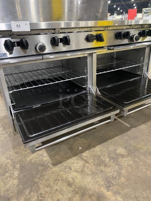 Garland SunFire Series 10-burner range with double oven combo, stainless steel, model X6010RR, on casters, natural gas-powered.
