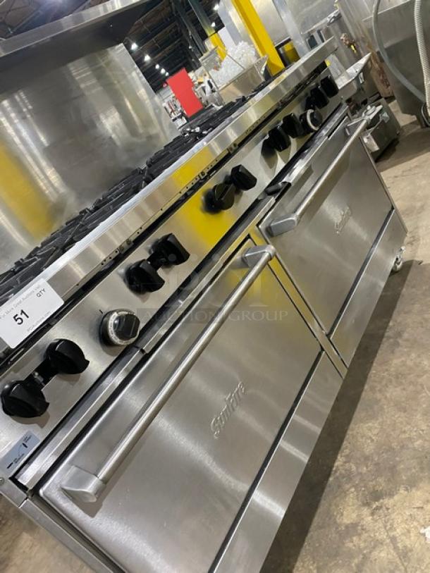 Garland SunFire Series 10-burner range and double oven, stainless steel, model X6010RR, with backsplash and salamander shelf.