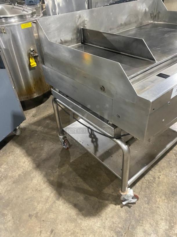 WoodStone stainless steel natural gas countertop plancha flat griddle with back and side splash, undershelf equipment cart, on casters.