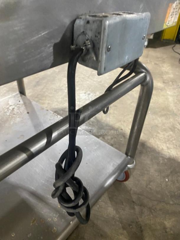 WoodStone stainless steel gas countertop plancha griddle, with back and side splash, undershelf cart on casters.