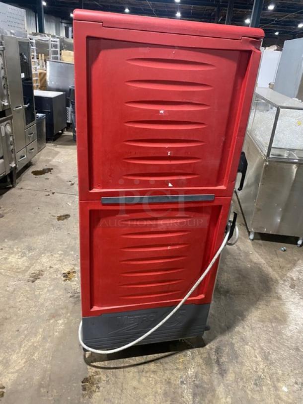 Red Metro C5 3-Series heated holding cabinet, model C539HDD8890U, 120V, insulated, on casters, late model, commercial use.