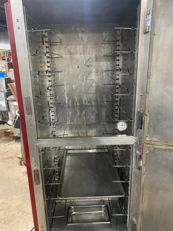 Metro C539-H-DD8890-U heated holding cabinet, red half door, single compartment, insulated, on casters, 120V.