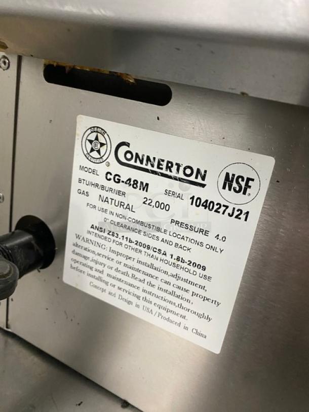 Connerton CG-48M stainless steel gas griddle, model CG-48M, SN 104027J21, with back and side splash, NSF certified.