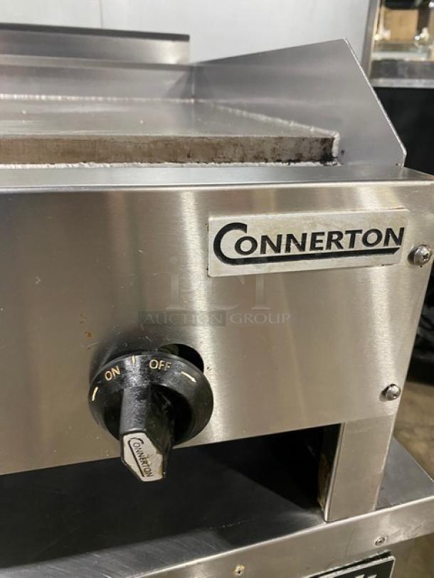 Connerton CG-48M stainless steel countertop flat griddle, natural gas, with back and side splash, model CG-48M, SN: 104027J21.