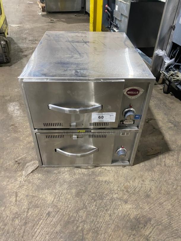 Wells RWN2 stainless steel double warming drawer, electric, countertop model with individual controls, 120V, SN: RWN20222A0003.