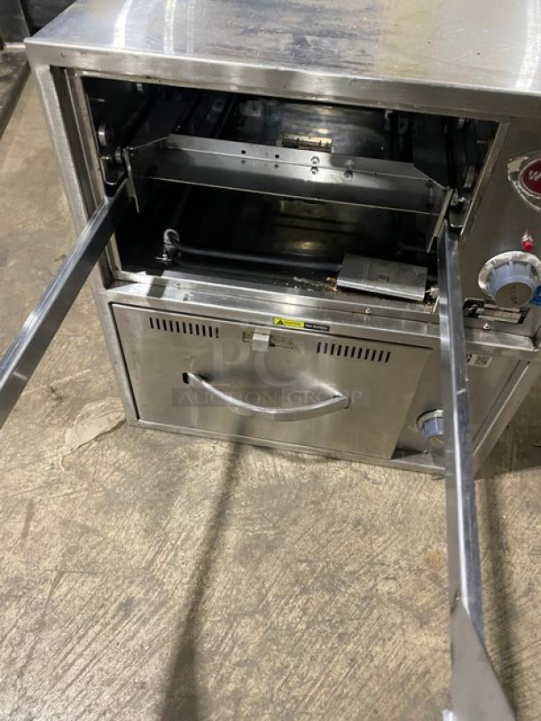 Wells RWN2 stainless steel electric warming drawer, 120V, individual controls, dual drawers open, model RWN2 SN: RWN20222A0003.