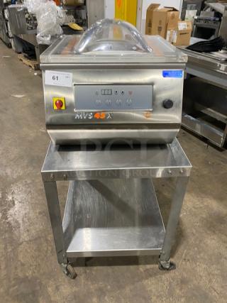 Minipack-Torre MVS45X stainless steel chamber vacuum sealer on casters with single undershelf cart, model MV45X, 120V.