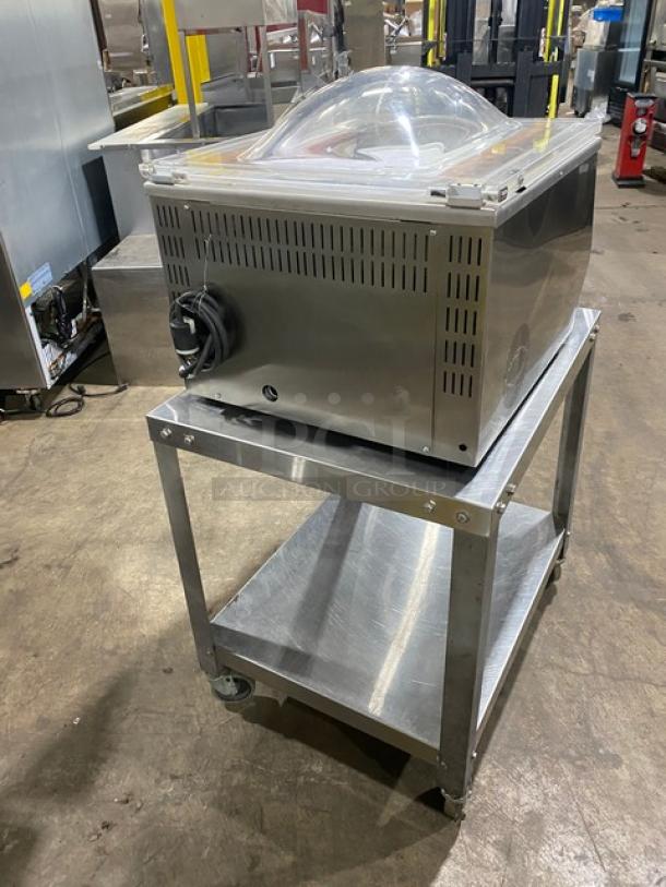 Minipack-Torre MVS45X stainless steel vacuum sealer on undershelf cart, 120V, with casters, Model: MV45X, SN: MV45IE38.