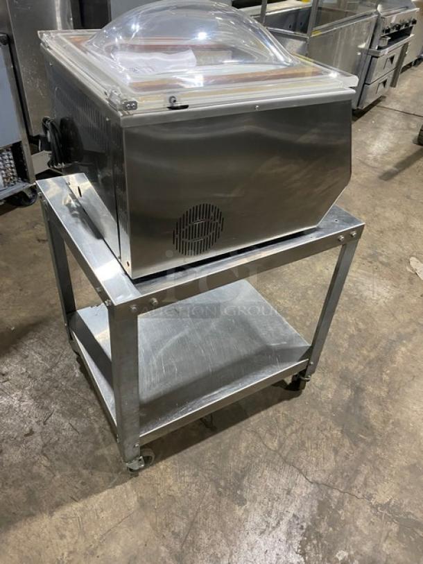 Minipack-Torre MV45X vacuum sealer on stainless steel cart with undershelf, electric, 120V, on casters, commercial use.