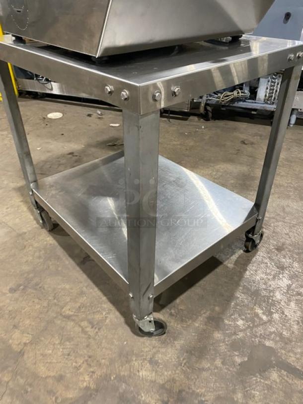 Minipack-Torre MVS45X chamber vacuum sealer with undershelf equipment cart, stainless steel, on casters, model MV45X.