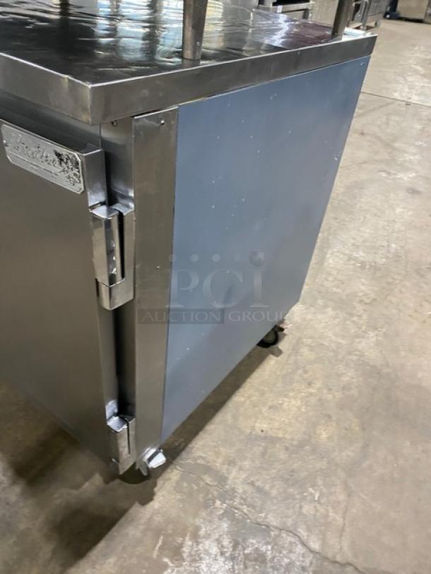 Leader Commercial Stainless Steel 2 Door Refrigerated Worktop Lowboy, Model LB36SC, on casters, includes wired rack.