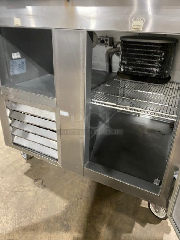 Leader LB36SC stainless steel 2-door refrigerated worktop lowboy with wired rack, on casters, 115V, 1 phase. Model: LB36 S/C SN: PT010646a.