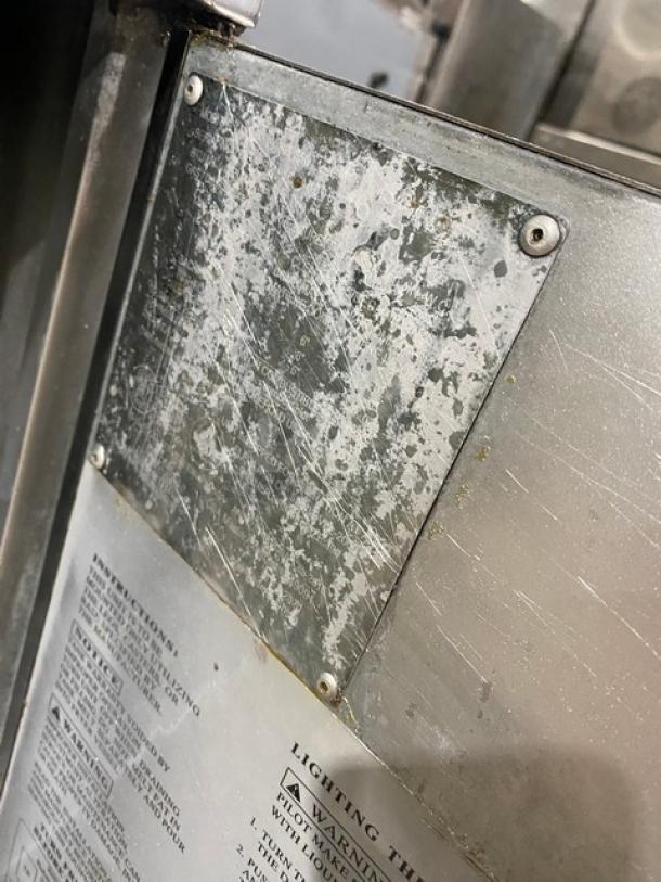 Globe stainless steel natural gas deep fryer with backsplash, basket hanger, and fry baskets. Features manufacturer markings.