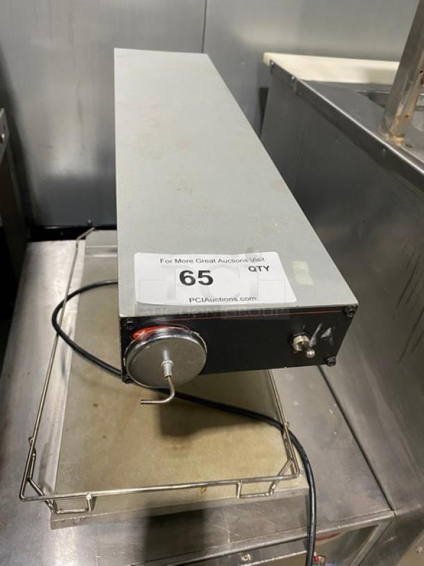 Hatco Glo-Ray stainless steel electric countertop food warmer with overhead heating strip, shown with dial control.