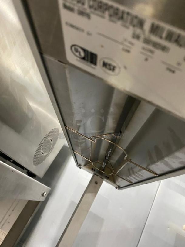 Hatco Glo-Ray stainless steel electric food warmer with overhead heating strip, UL and NSF certified labels visible.