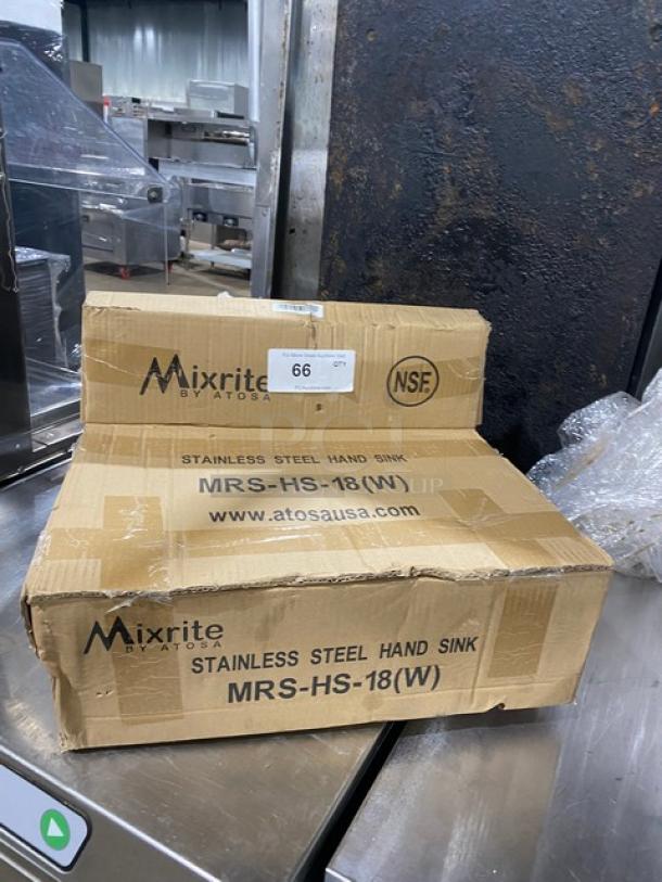 Brand new Mixrite By Atosa stainless steel hand washing sink with faucet, Model MRS-HS-18, in original packaging.