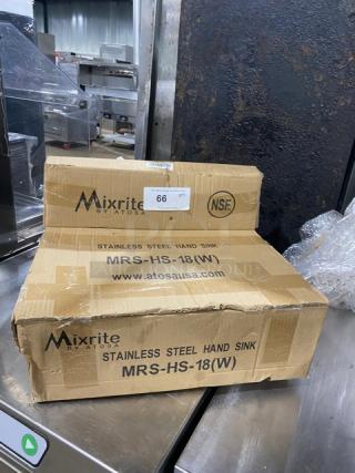 Brand new Mixrite By Atosa stainless steel hand washing sink with faucet, Model MRS-HS-18, in original packaging.