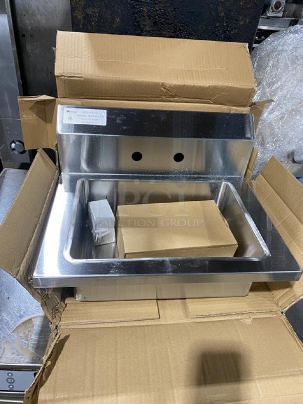 Brand new Mixrite by Atosa stainless steel hand washing sink with faucet, Model MRS-HS-18, in original packaging.