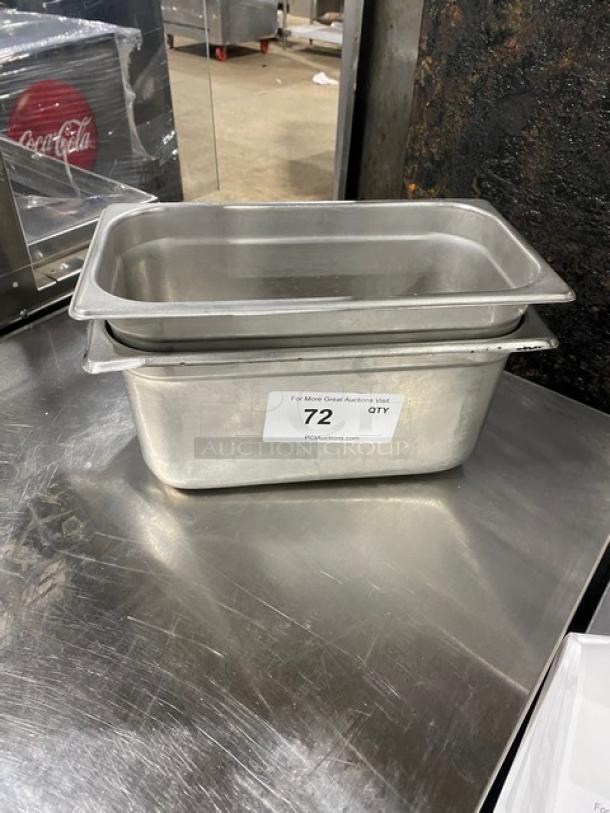 Lot of stainless steel hotel steam table pans, commercial-grade, stackable, visible label with item number 72, used condition.