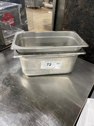 Lot of stainless steel hotel steam table pans, commercial-grade, stackable, visible label with item number 72, used condition.