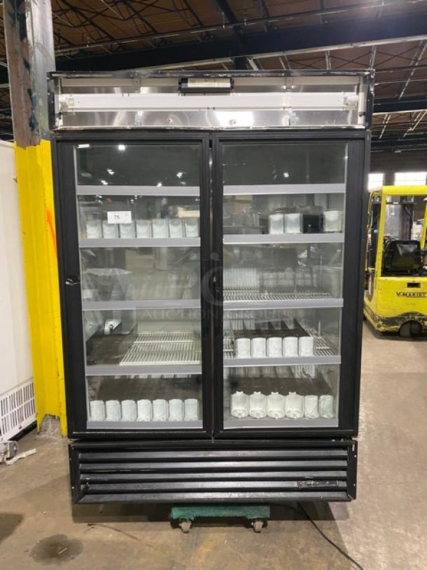 True GDM-49 commercial double glass door refrigerator with poly-coated wire racks and beverage organizers, 115V, 1 phase.