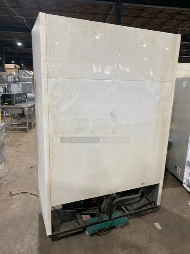 True GDM-49 commercial refrigerator, double glass swing doors, poly coated wire racks, white exterior, model 1-2816143.